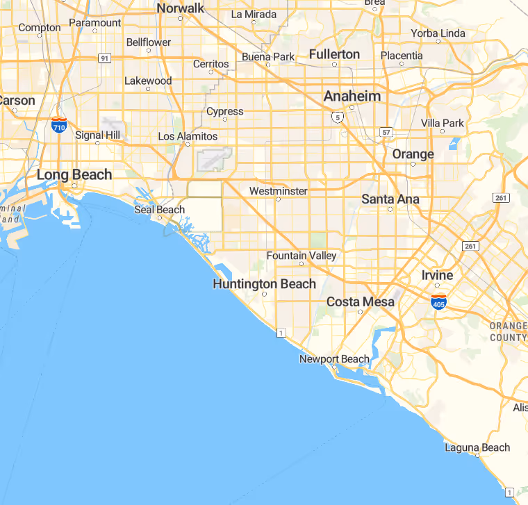 Map showing Southern California coastal cities including Long Beach, Huntington Beach, Newport Beach, and Irvine.